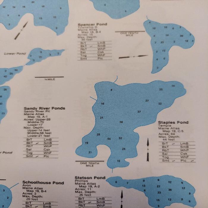 Fishing depth map page with blue pond graphics, labeled areas, and depth key
