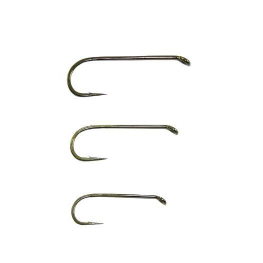 Mustad R73-9671 nymph fishing hooks, 3 dark metal hooks shown