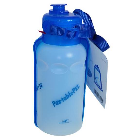 Portable pet water bottle in blue with flip spout and carry strap