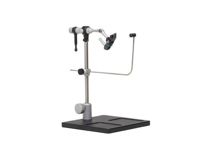 Cam vise presentation stand with metal post, adjustable arms, and black base