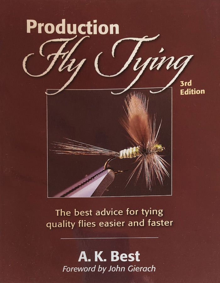Fly tying book cover with feathered fly and Production Fly Tying title