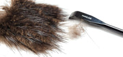 Hareline dubbing rake with metal comb head, shown with dark fur