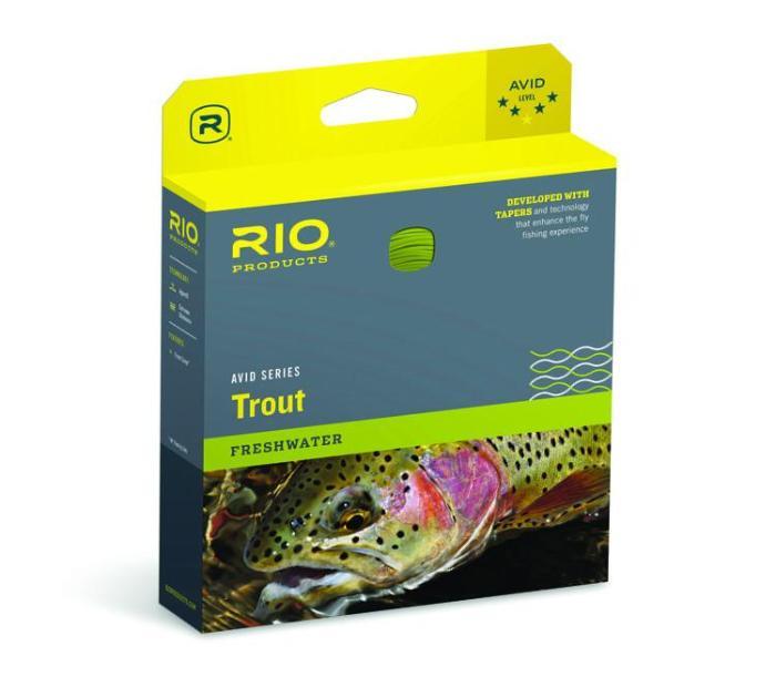 Rio Avid Trout fly line packaging box, pale yellow and blue with green accents