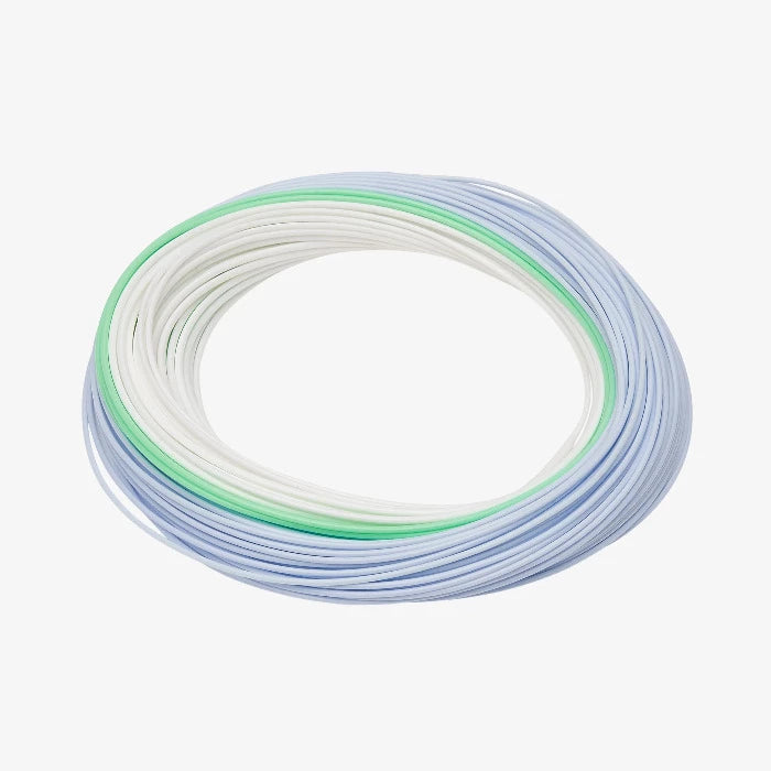 Spool of multicolor fly line coil with white center and blue and green stripes