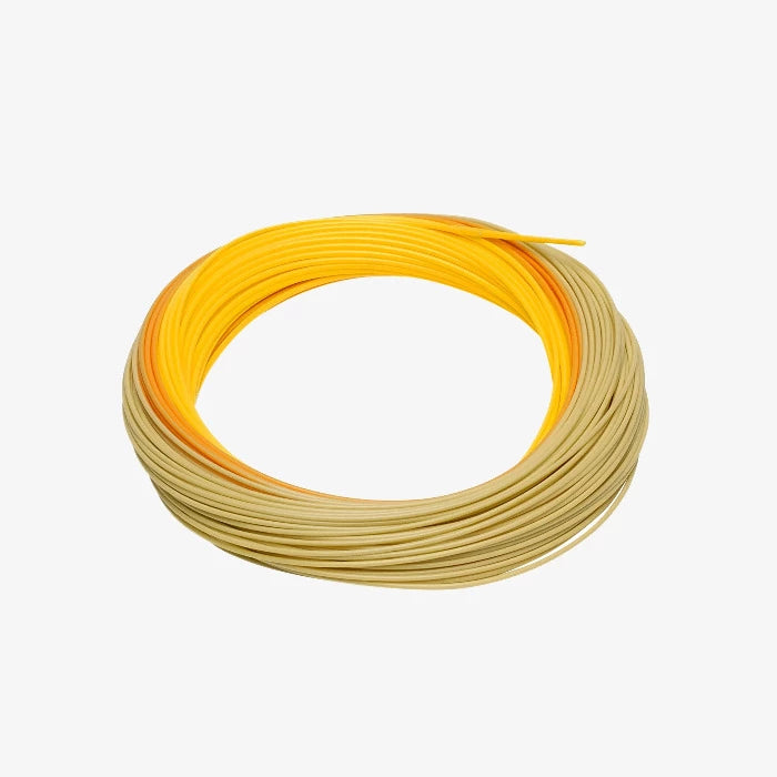 Yellow and tan fly line coil with tapered casting section