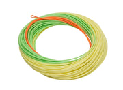 Orange, green, and yellow coiled fly line