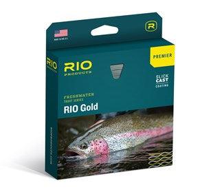 Gold fly line in retail box labeled Premier, slick cast