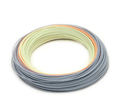 Coiled fly line in gray with cream, orange, and light blue stripes