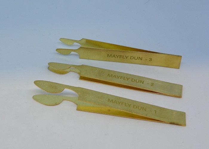 Fly wing burners with wing-shaped ends; labels read MAYFLY DUN 1–3