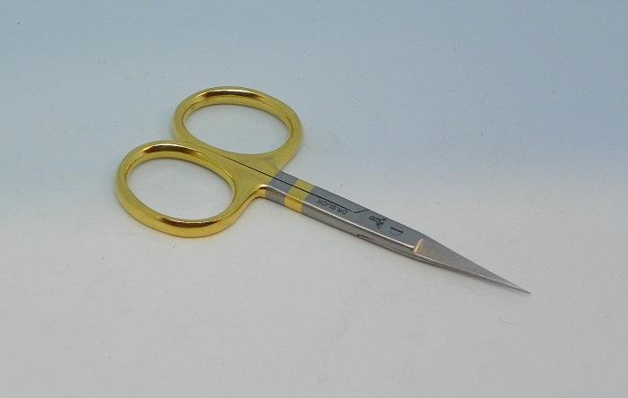 Dr Slick fly tying scissors with super fine tips and gold colored finger loops