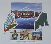 Reclaimed Maine sticker collage with oval 'RECLAIMED MAINE' and Maine tree outline