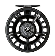 Fishing reel in black finish with spoked rim and central gear-style emblem