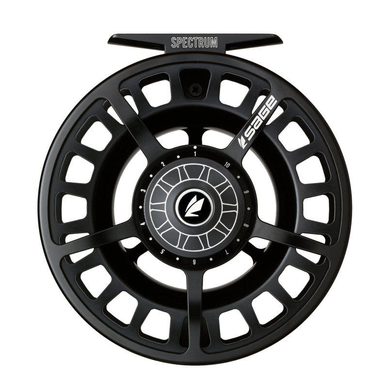 Fishing reel in black finish with spoked rim and central gear-style emblem