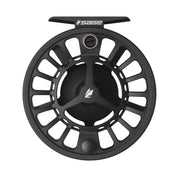 Black fly fishing reel with center logo and circular frame cutouts, front view