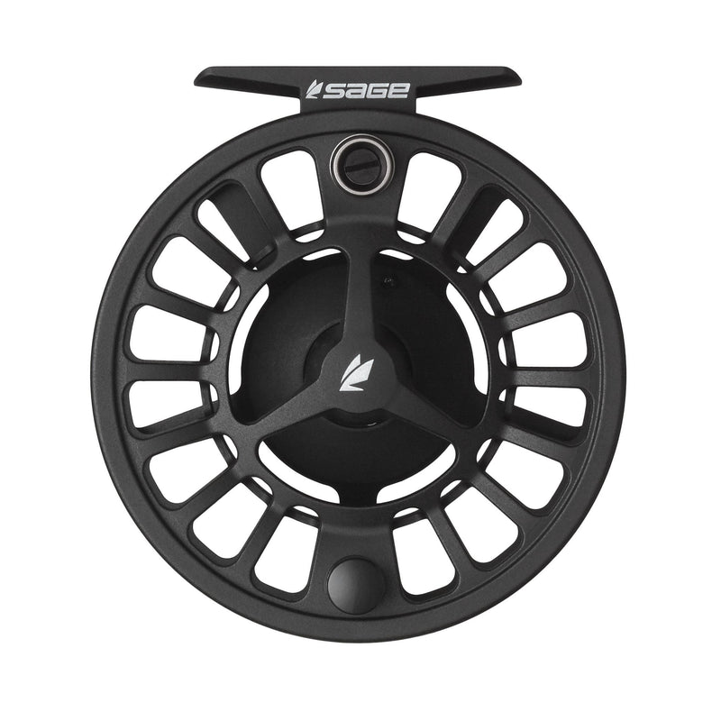 Black fly fishing reel with center logo and circular frame cutouts, front view