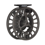 Black fly fishing reel with textured rim and handle, side view