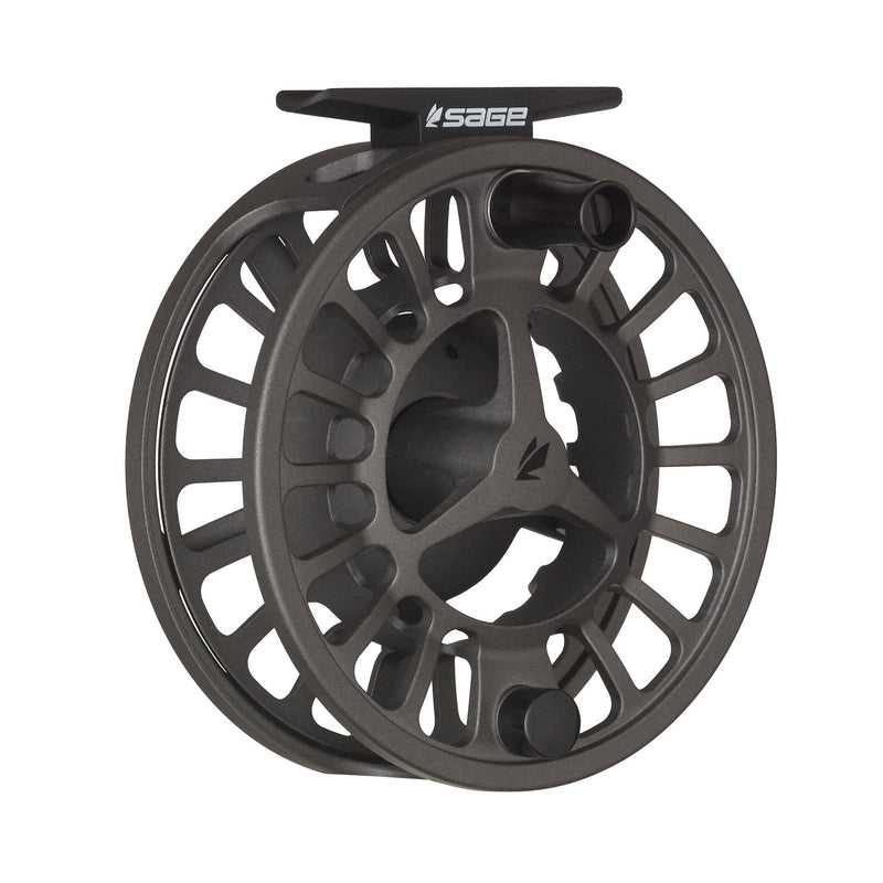 Black fly fishing reel with textured rim and handle, side view