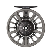 Grey fly fishing reel with numbered drag dial and center logo, front view