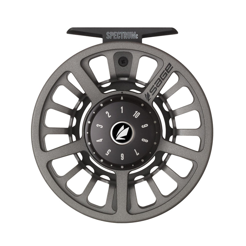 Grey fly fishing reel with numbered drag dial and center logo, front view