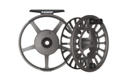 Fly fishing reel shown side by side with grey and black spool, side view
