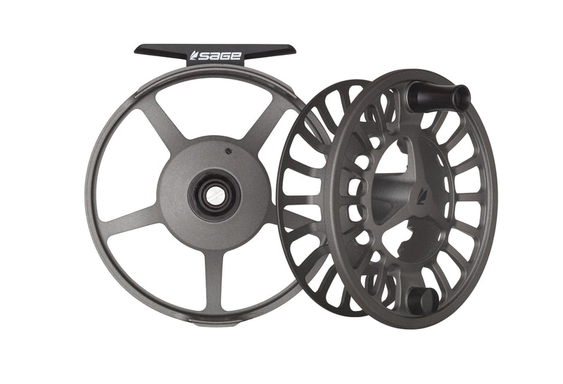 Fly fishing reel shown side by side with grey and black spool, side view