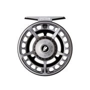 Fishing reel with gray spoked rim, dark center, and star emblem