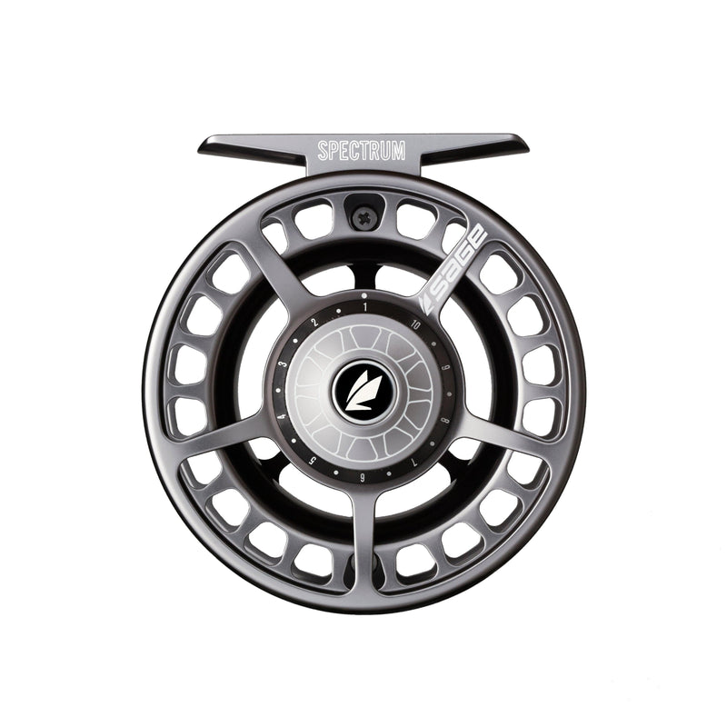 Fishing reel with gray spoked rim, dark center, and star emblem