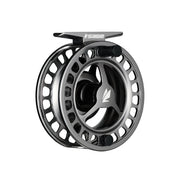 Fishing reel with black and gray spoked spool, centered star logo