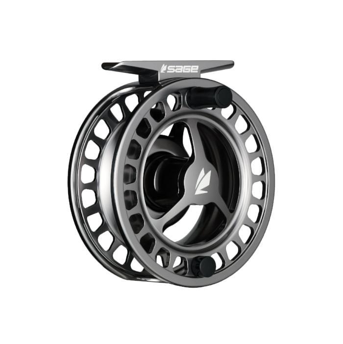 Fishing reel with black and gray spoked spool, centered star logo
