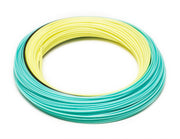 Coiled fly line with lime yellow center and teal-blue outer coils