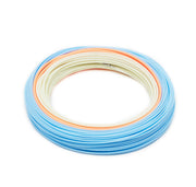 Fly line coil with blue, orange, and cream loops