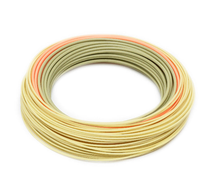 Coiled fly line in olive and sand with orange stripe