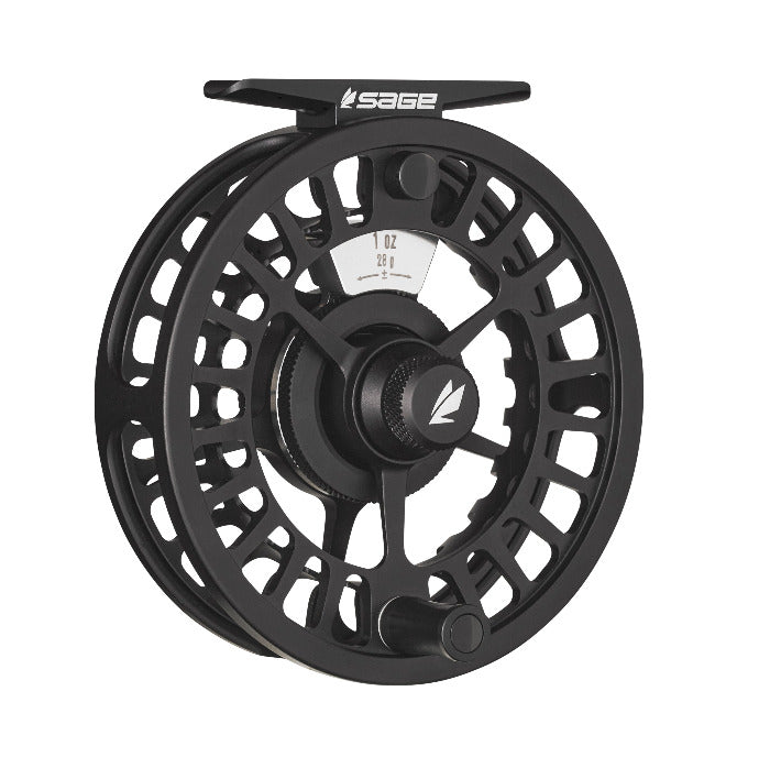 Sage ESN fly reel with black spoked face and central drag knob