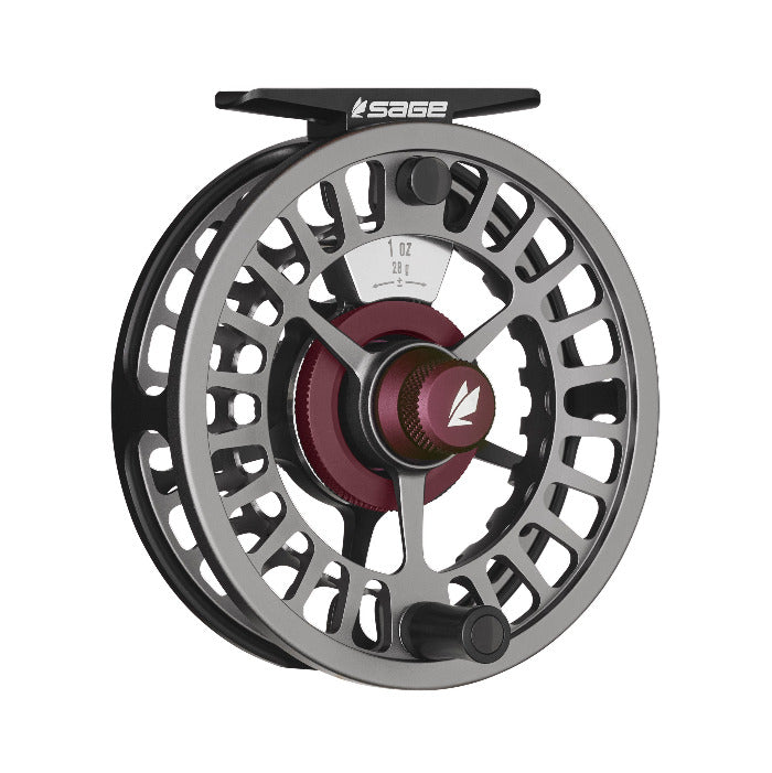 Sage ESN fly reel with black spoked wheel and maroon accents
