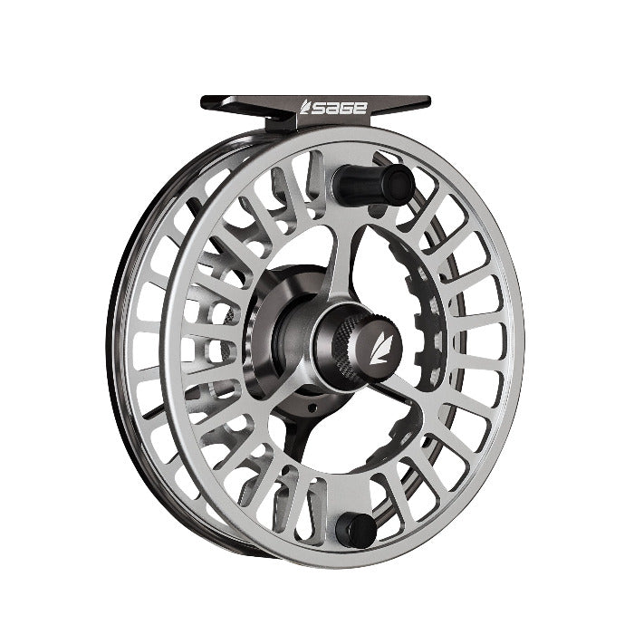 Sage Arbor XL fly fishing reel in gray with cutout spokes and black drag knob