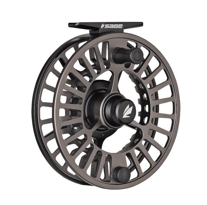 Sage Arbor XL fly fishing reel with ventilated gray spool and black handle knobs