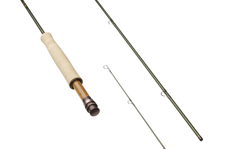 Fly fishing rod with cream cork handle, dark reel seat, and metal guides