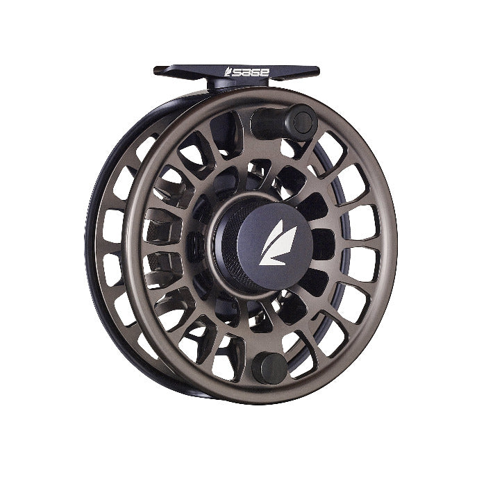 Sage Enforcer fly reel, dark gunmetal black with spoked cutouts