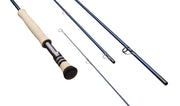 Sage Maverick fishing rod with cork handle and dark blue blank, line guides visible