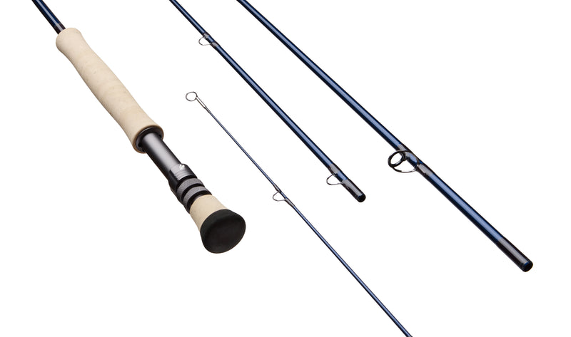Sage Maverick fishing rod with cork handle and dark blue blank, line guides visible