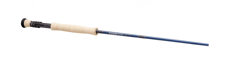 Sage Maverick fishing rod, cork grip and dark blue rod with guides along the blank
