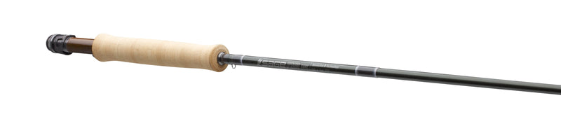 Sage fly rod with light cork handle and dark graphite blank with guides