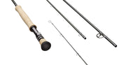 Fly rod with light cork handle and dark rubber butt, plus metal guide eyes