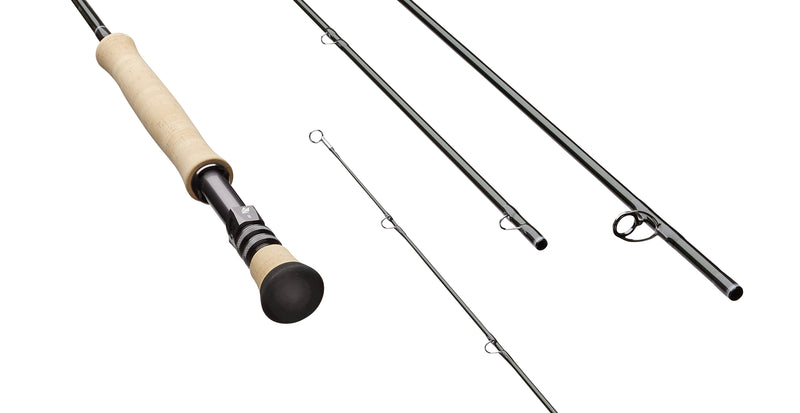 Fly rod with light cork handle and dark rubber butt, plus metal guide eyes