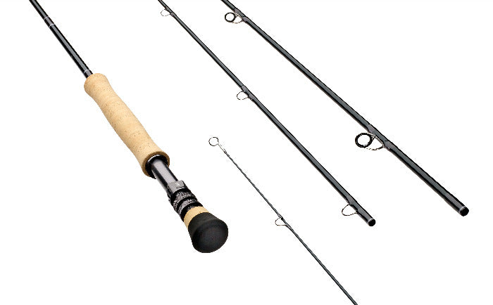Fishing rod with cork handle and black reel seat, line guides along the blank