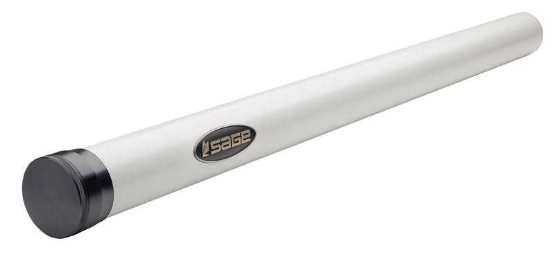 Sage Salt R8 fishing rod tube with gray end caps and Sage logo on the sleeve