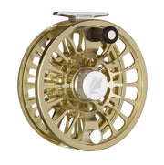 Gold aluminum fishing reel with drilled-spoke design and spool latch knob
