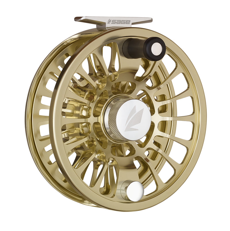 Gold aluminum fishing reel with drilled-spoke design and spool latch knob
