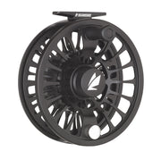 Black aluminum fishing reel with drilled-spoke design and spool latch knob