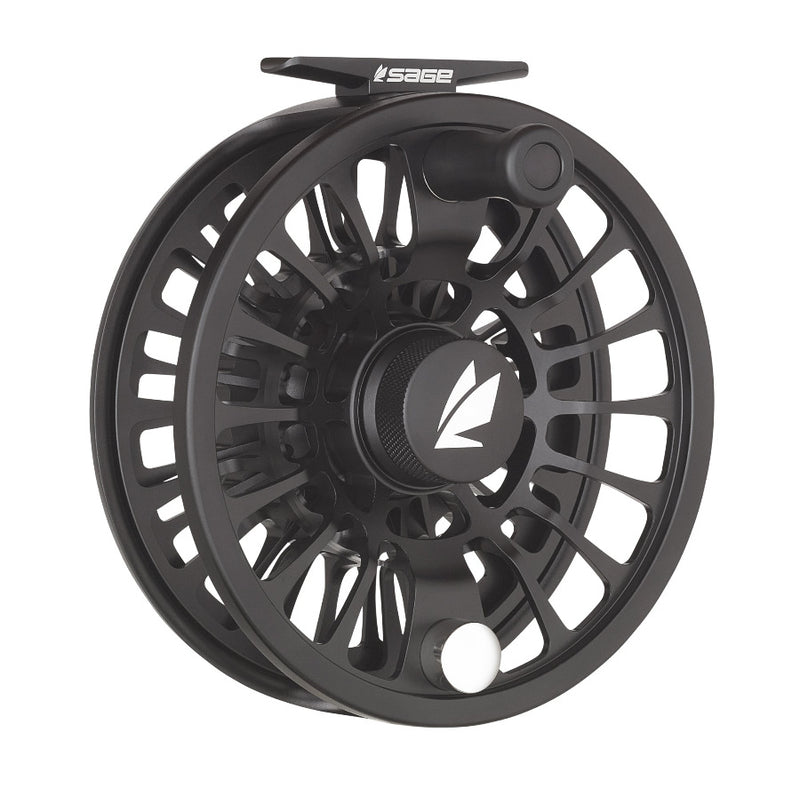 Black aluminum fishing reel with drilled-spoke design and spool latch knob